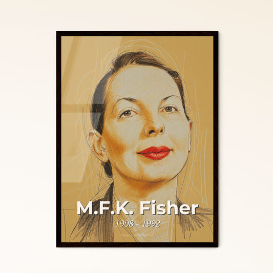 Elegance in Gastronomy: M.F.K. Fisher Portrait - Striking Contemporary Art Print on Bright Beige, Framed or Aluminum Options