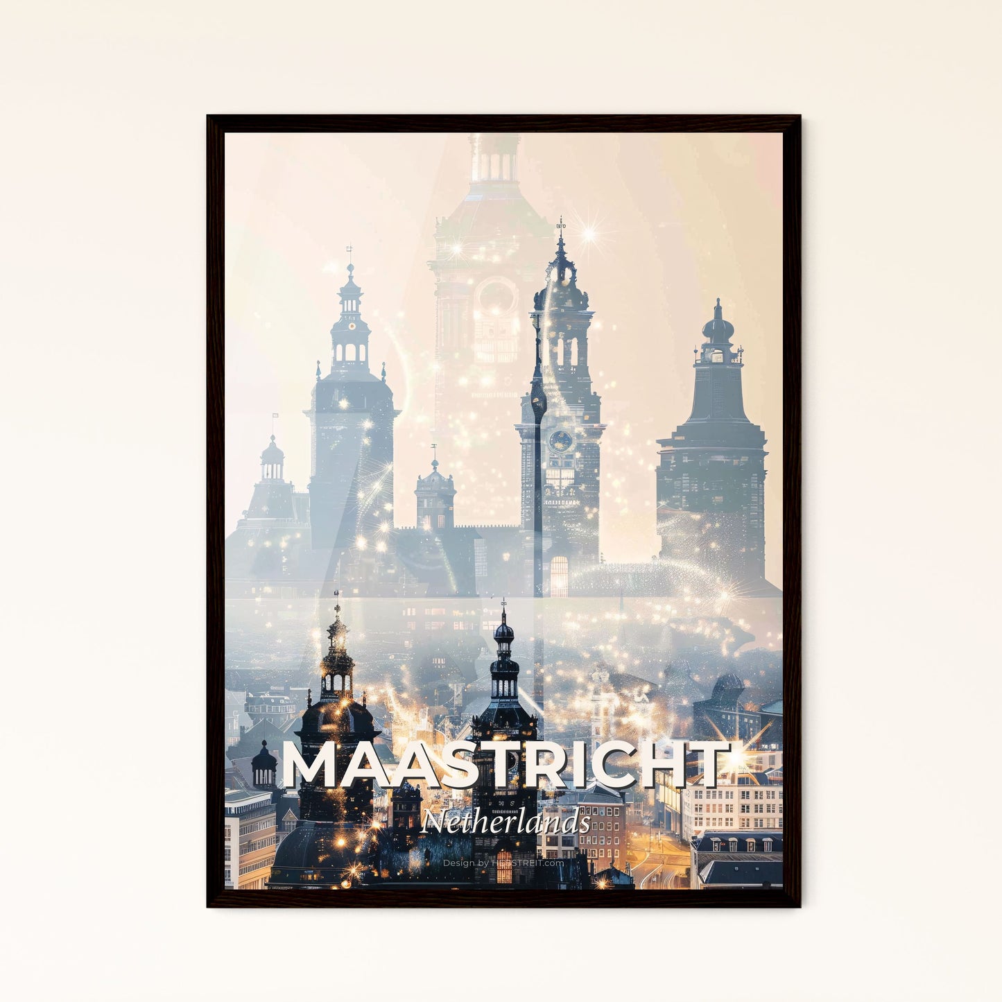 Maastricht Splendid City Skyline Night Lights Poster - A city with many towers and a clock tower