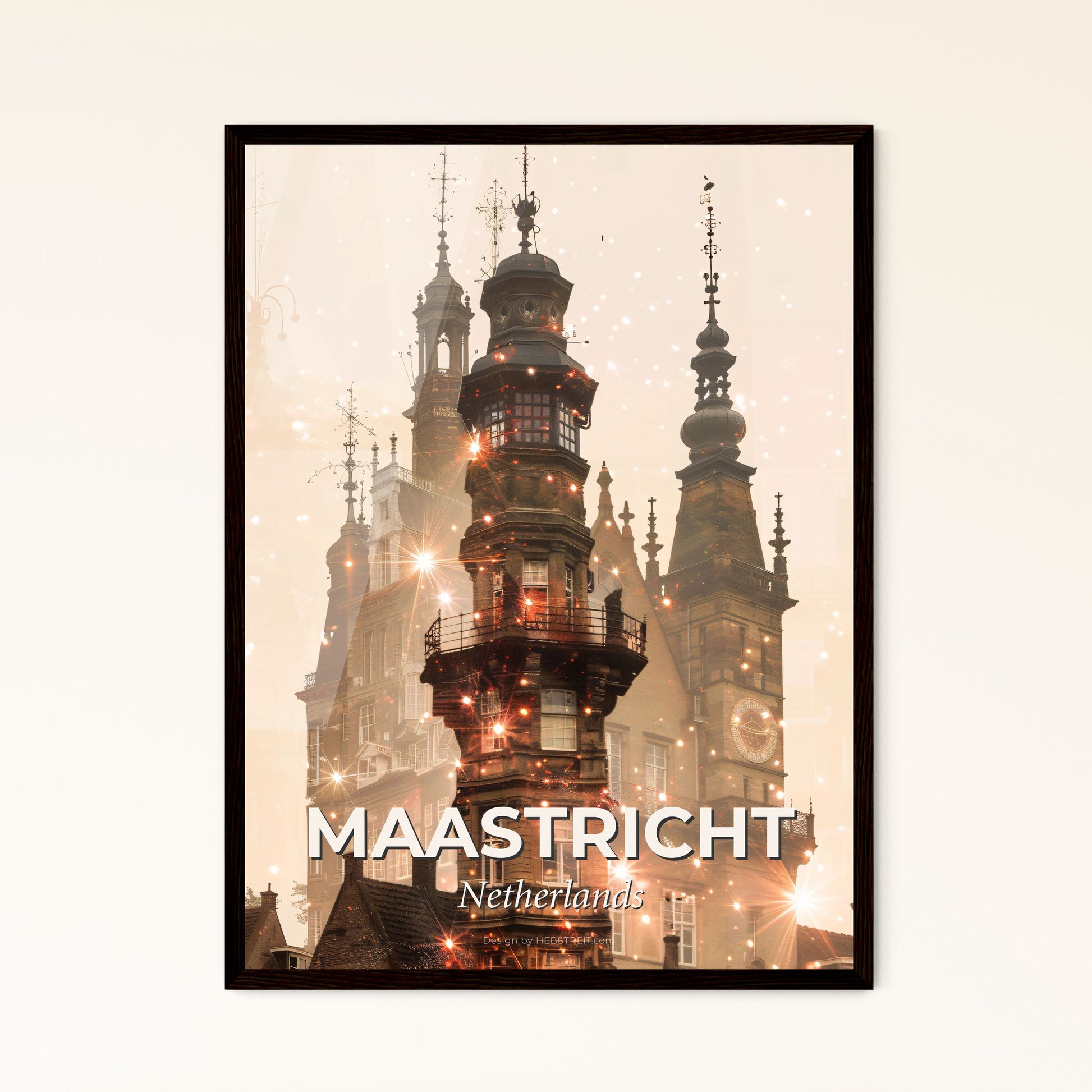 Maastricht City Skyline Double Exposure Art Poster - A building with towers and lights