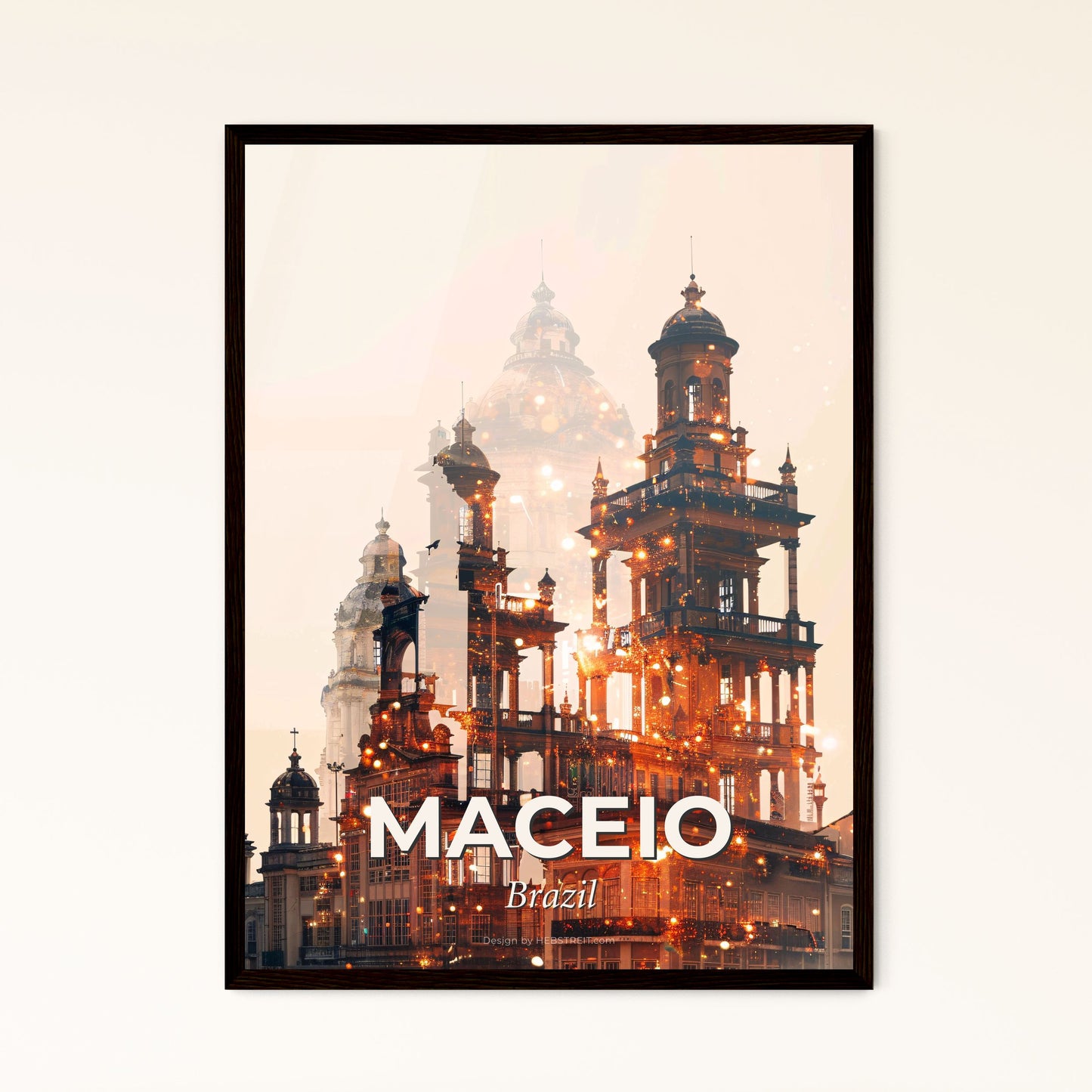 Maceio City Poster: Double Exposure Skyline Art - A building with many towers and a dome