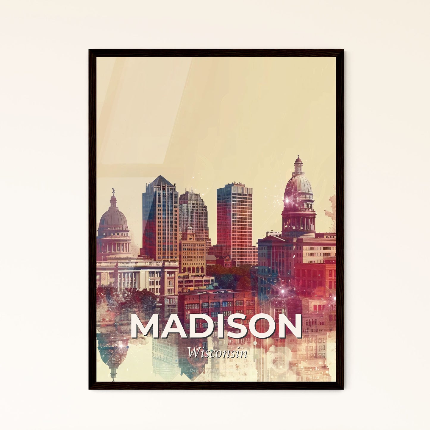 Madison Cityscape Art: Skyline Sparks in Beige - A city skyline with buildings and a body of water