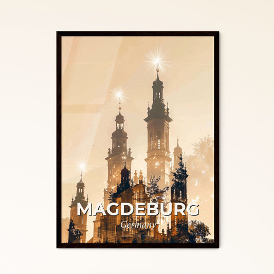 Magdeburg Skyline Double Exposure Cityscape Art - A building with towers and trees