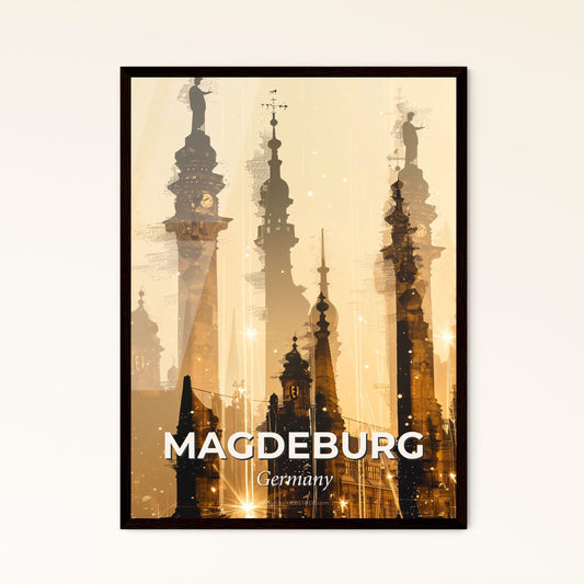 Magdeburg: City Skyline Silhouette Composite Artwork - A group of tall buildings with a clock on top