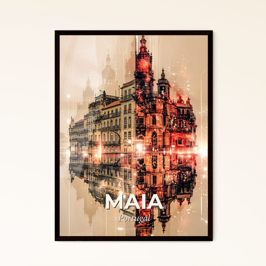 Maia, Portugal: A Captivating Double Exposure Skyline Vista - A building reflected in water