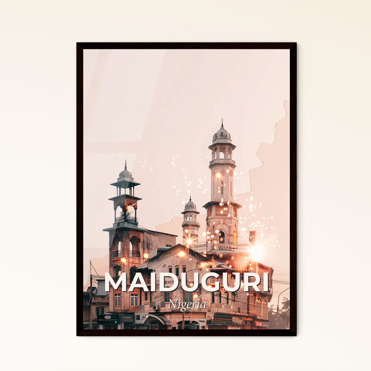 Maiduguri Cityscape Sparkles Poster - A building with a tower and lights