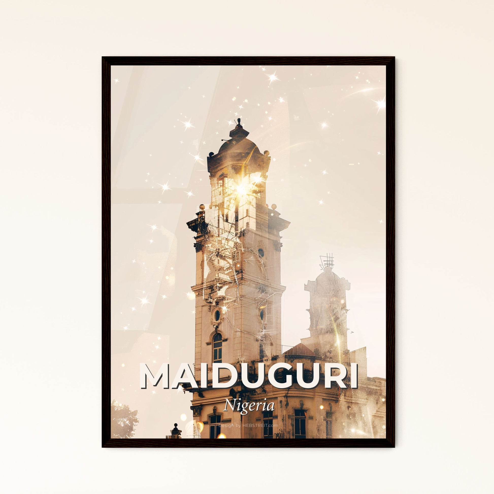 Maiduguri Skyline Night Sparkles Beige Poster - A tall building with a tower and a light shining through it