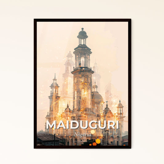 Maiduguri Skyline Double Exposure Art - A large building with towers and a tower with a tower and a tower