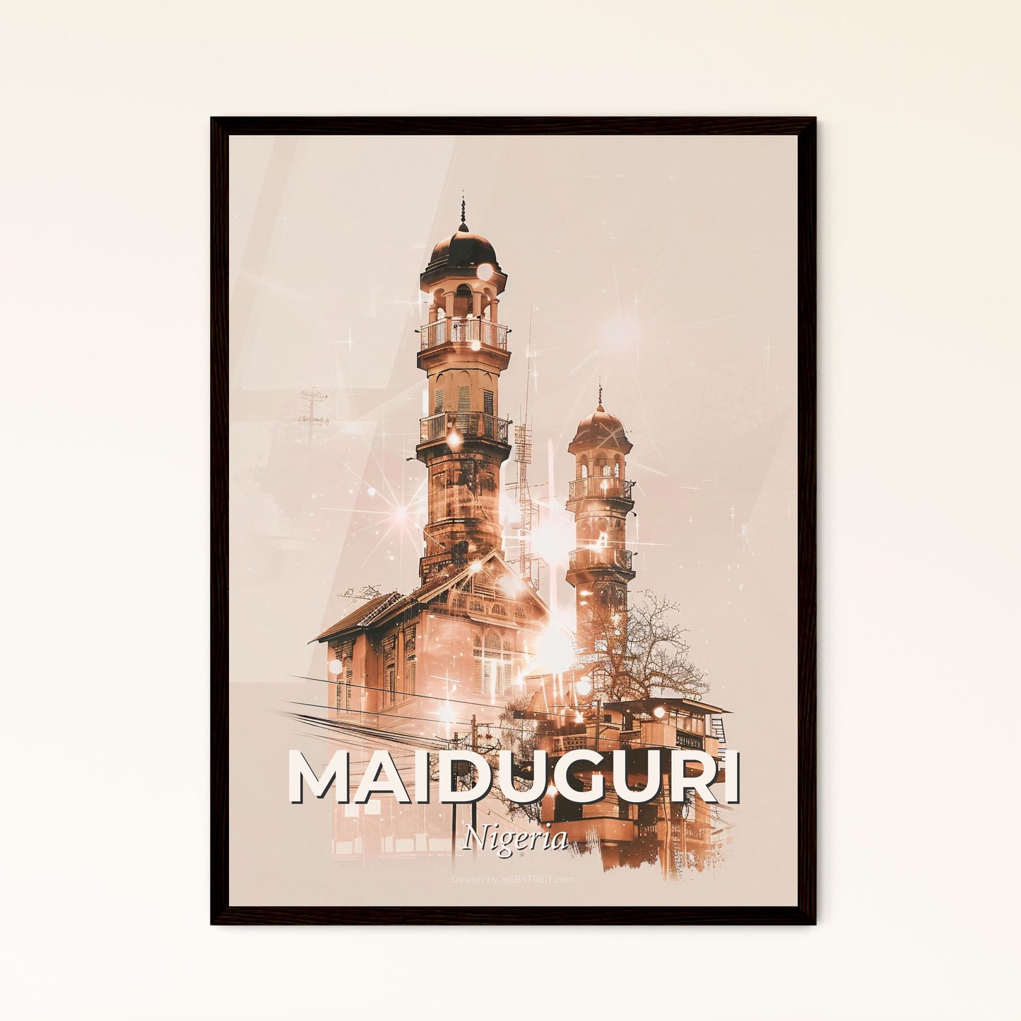 Maiduguri Skyline Double Exposure Cityscape Art - A building with towers and a tower