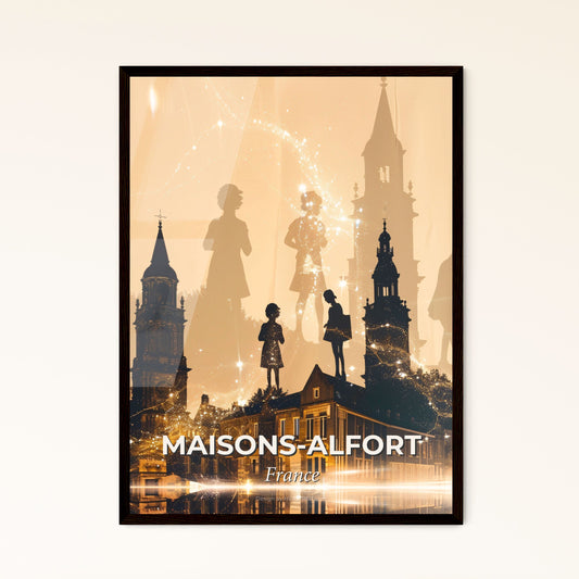 Maisons-Alfort Skyline Silhouette Nightfall Poster Art - A group of people standing on top of a building