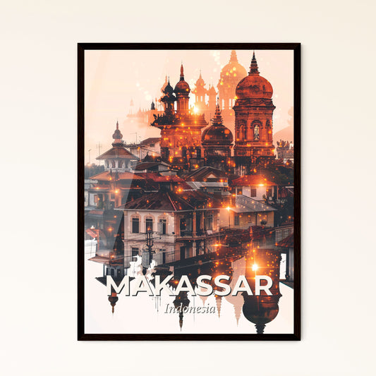 Makassar Skyline Double Exposure Beige Poster Art - A city with many buildings and a body of water