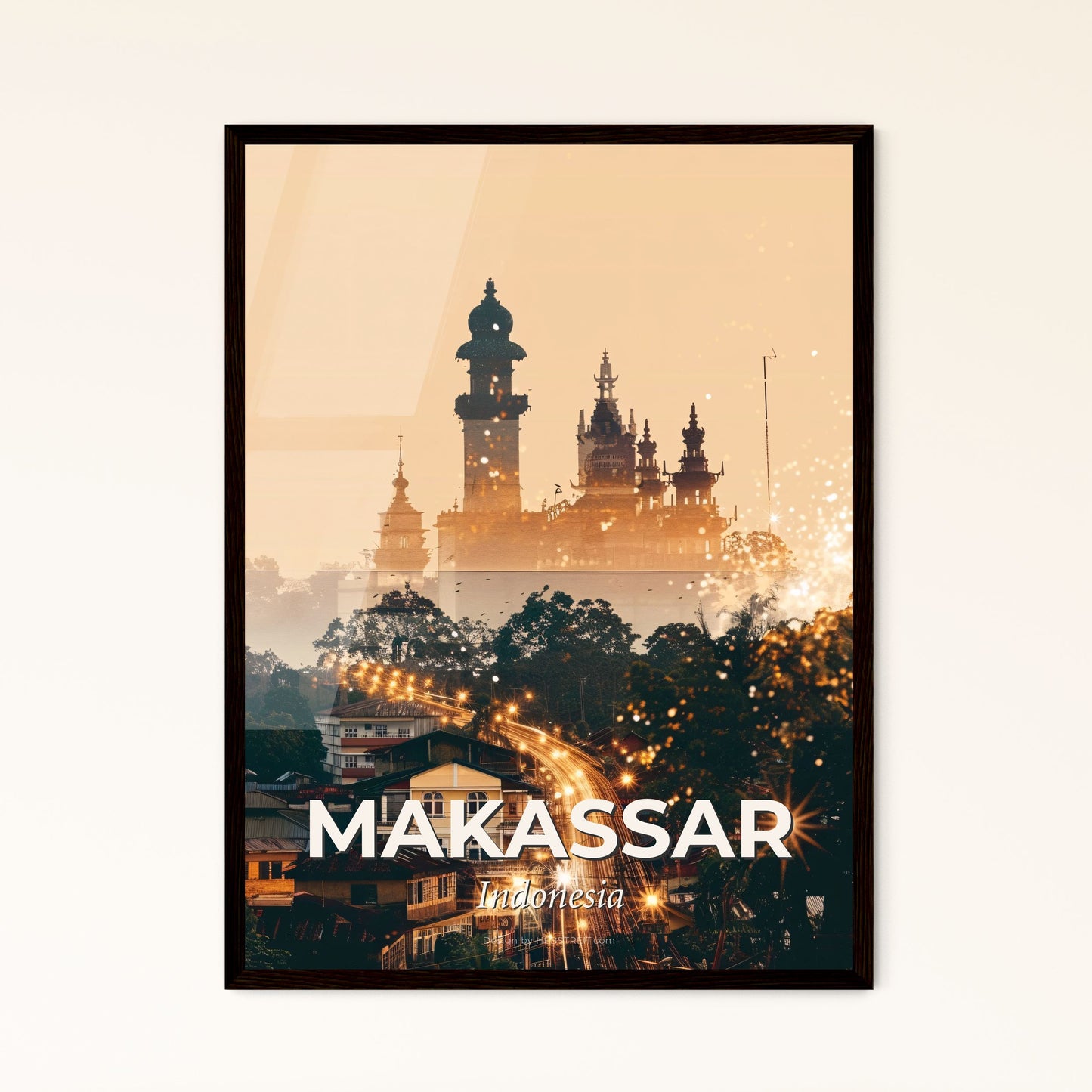 Makassar Indonesia City Skyline Double Exposure Art - A city with a bridge and a castle