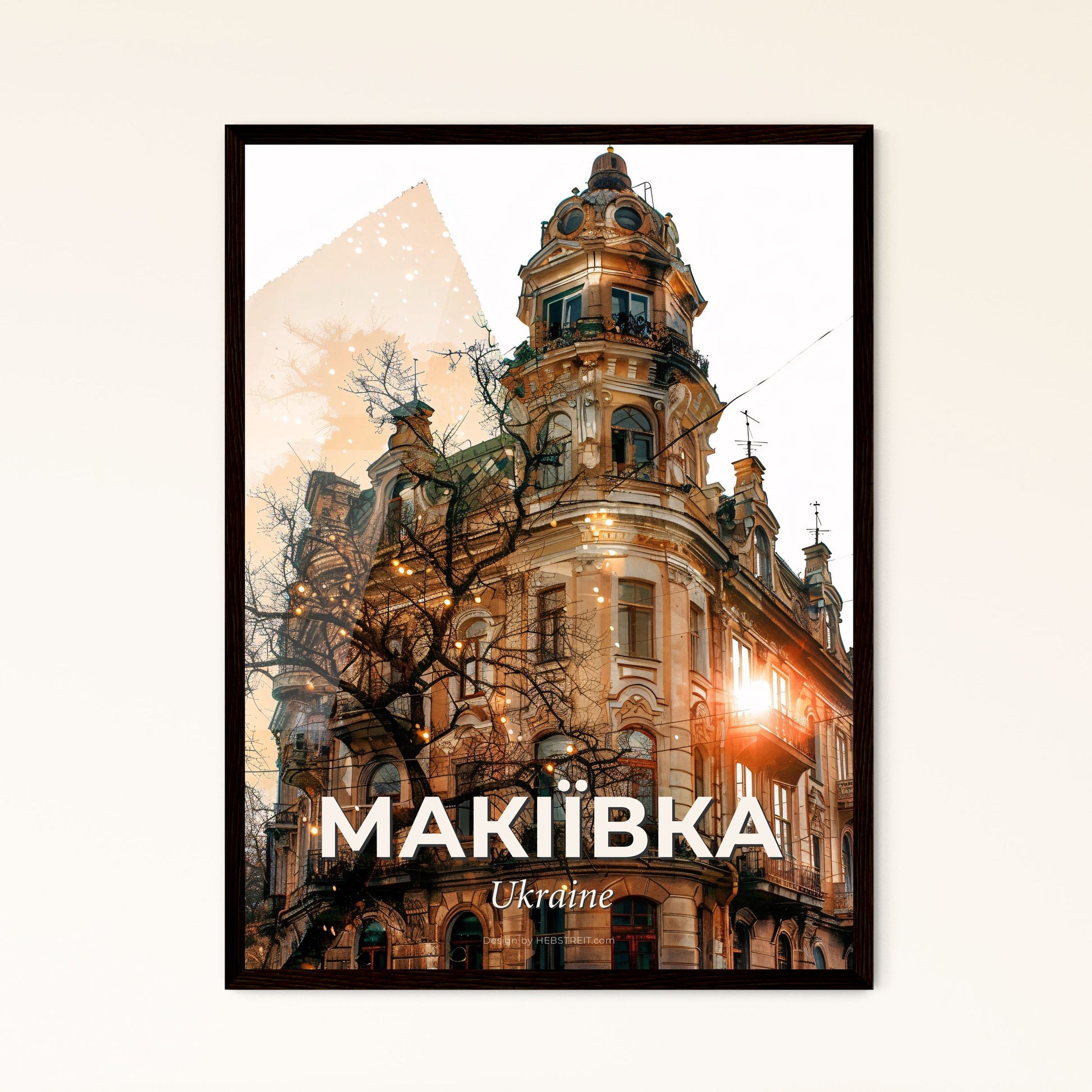 Makiivka Cityscape Composite Art with Local Texture - A building with a tree and lights