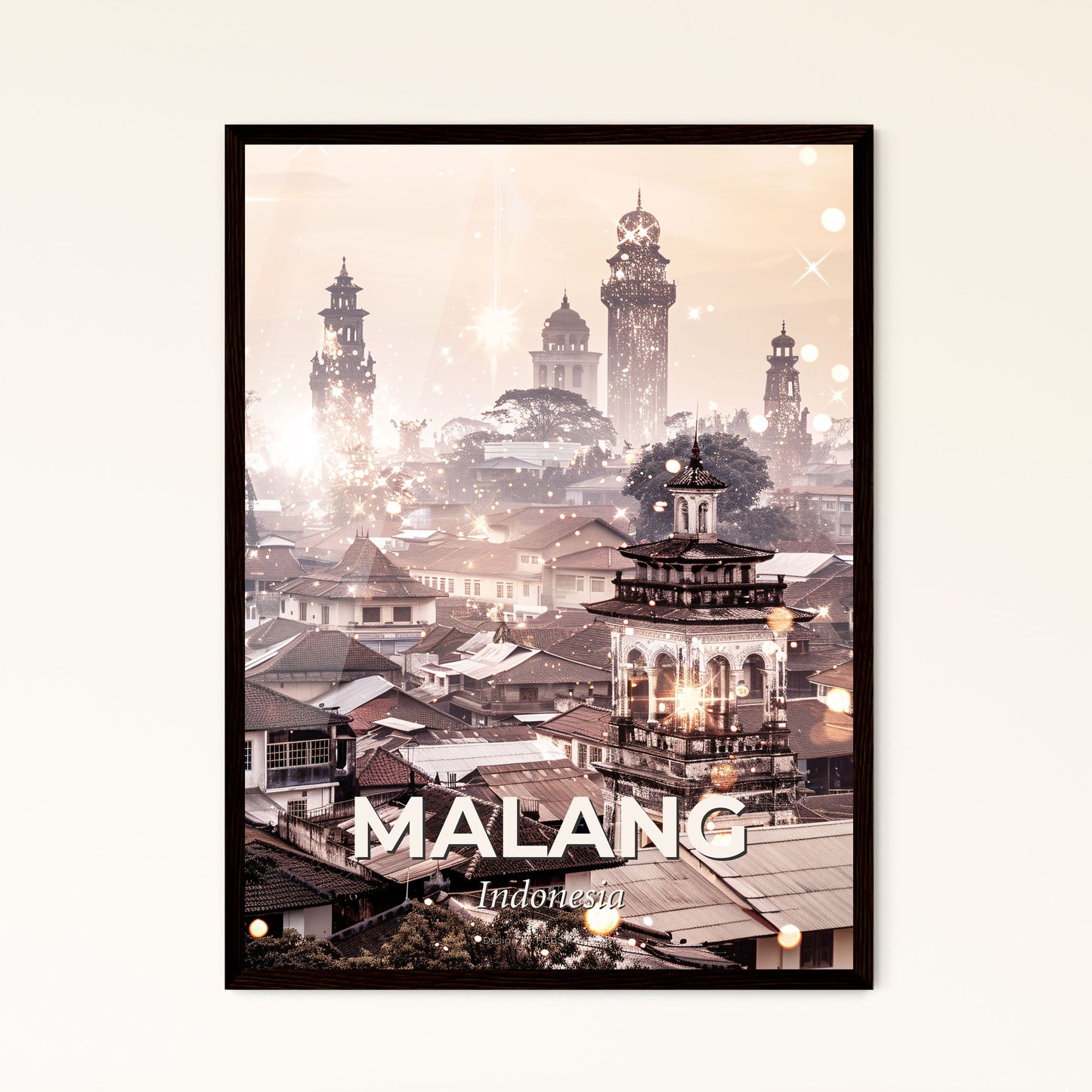 Malang, Indonesia double exposure art - A city with many buildings and lights