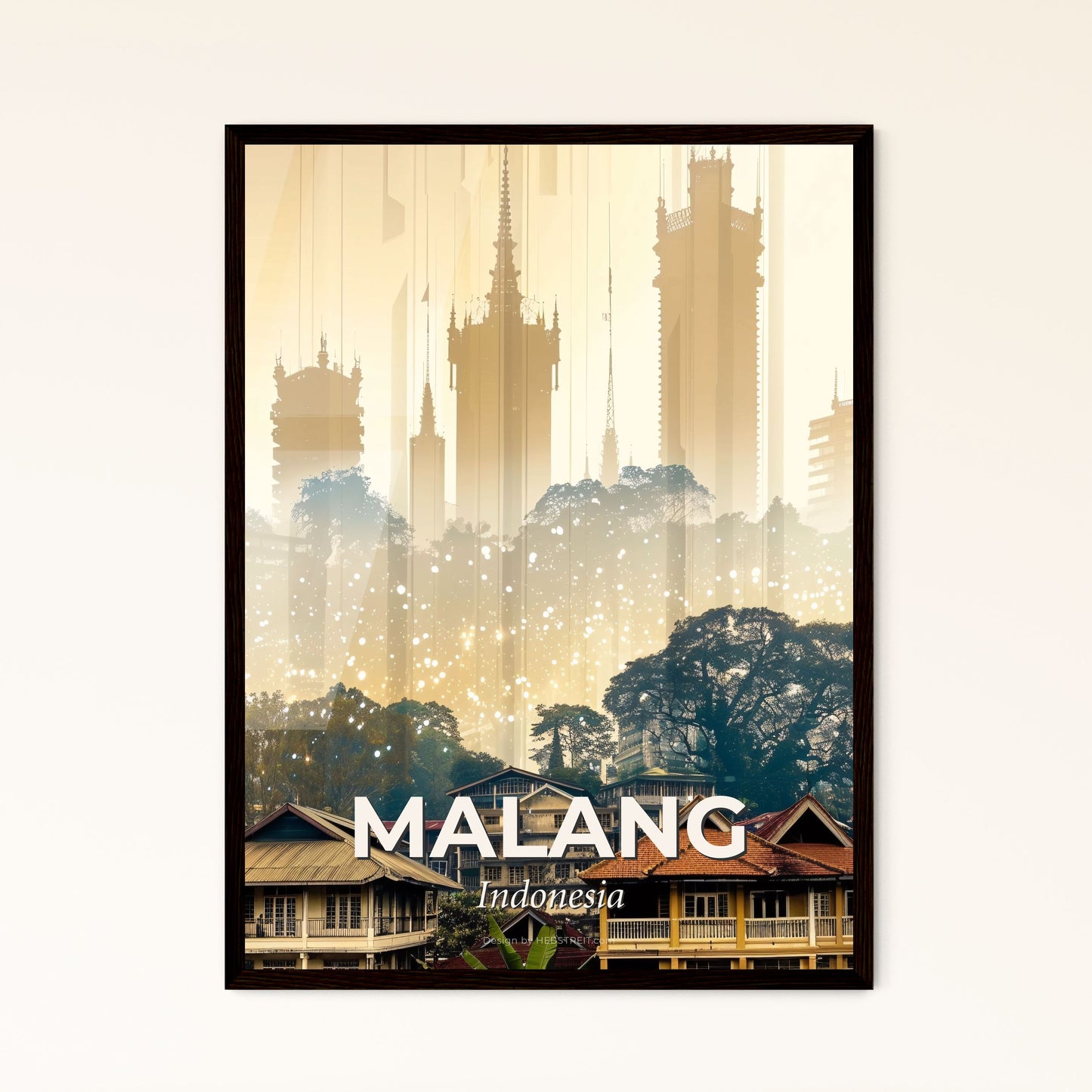 Malang Skyline Double Exposure Art Poster - A city with many buildings and trees