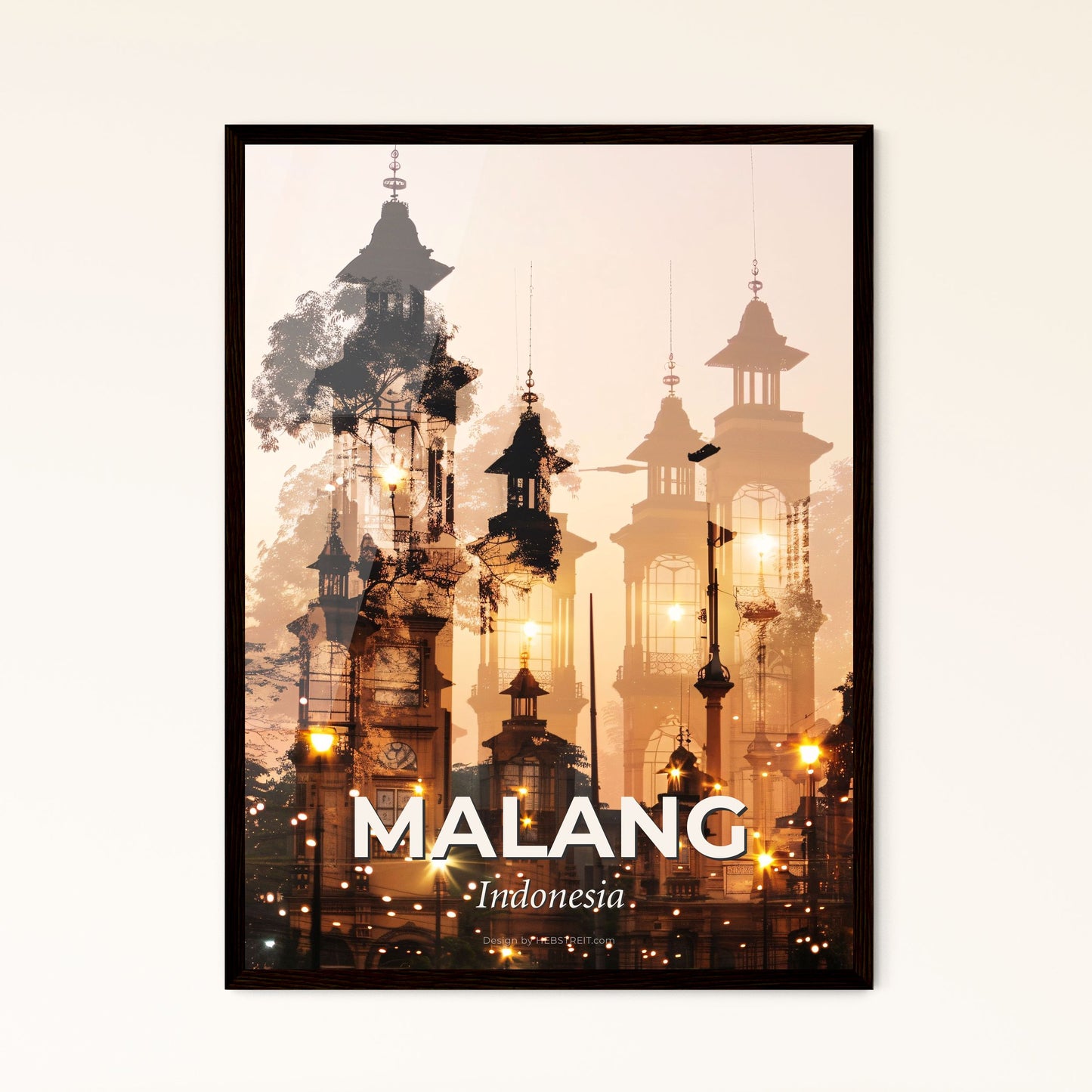 Malang City Skyline Double Exposure Art on Beige - A double exposure of a building with a tower and trees