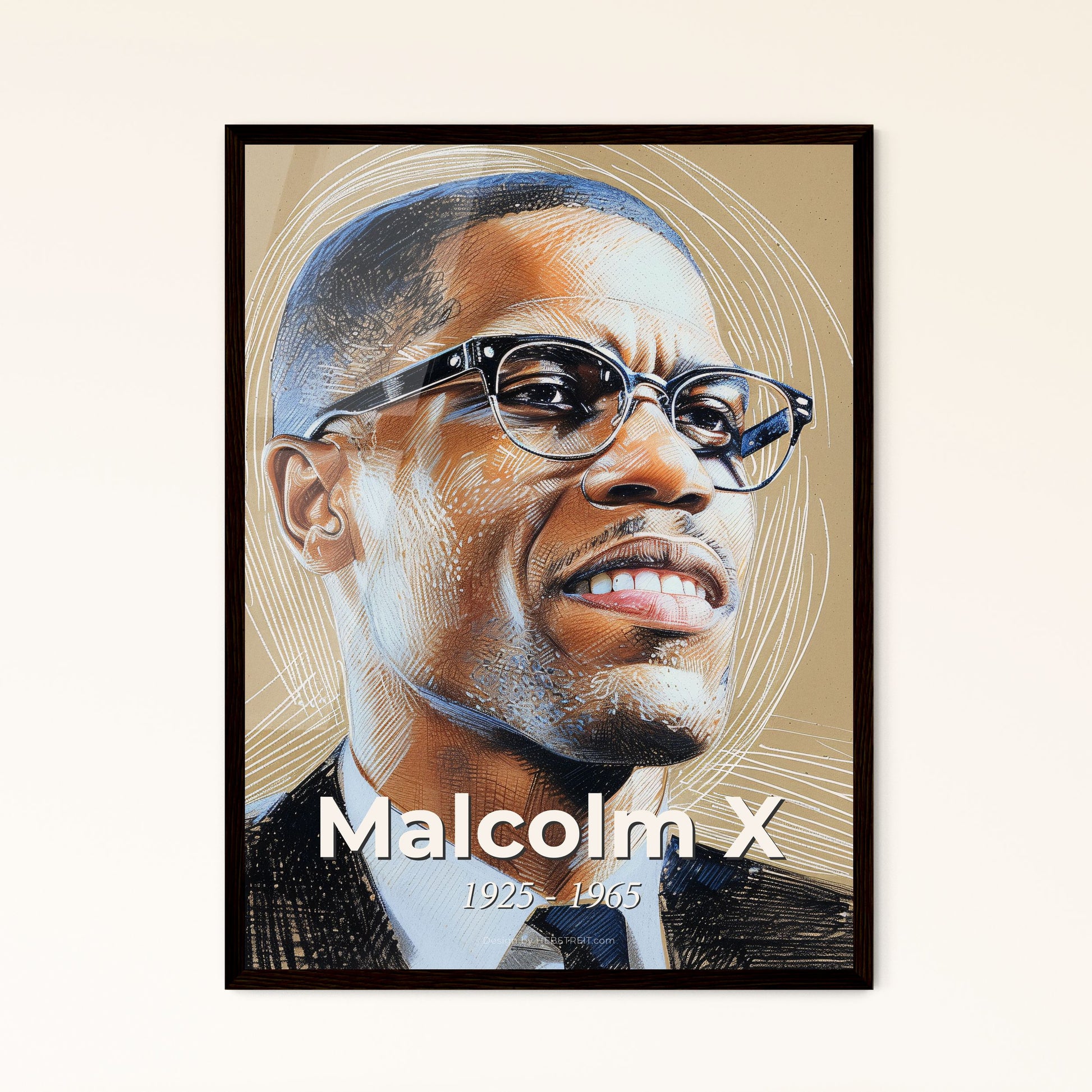 Malcolm X: Radiant Revolutionary - A Captivating Portrait Celebrating Empowerment, Legacy, and Human Rights on Elegant Beige Canvas