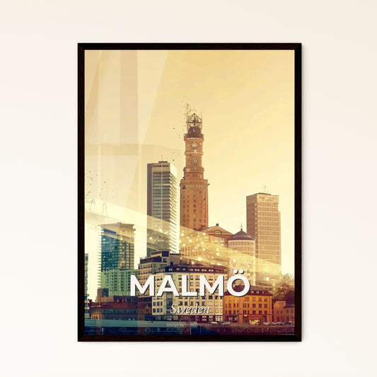 MalmÃ¶ Skyline Double Exposure Poster - A city skyline with a clock tower