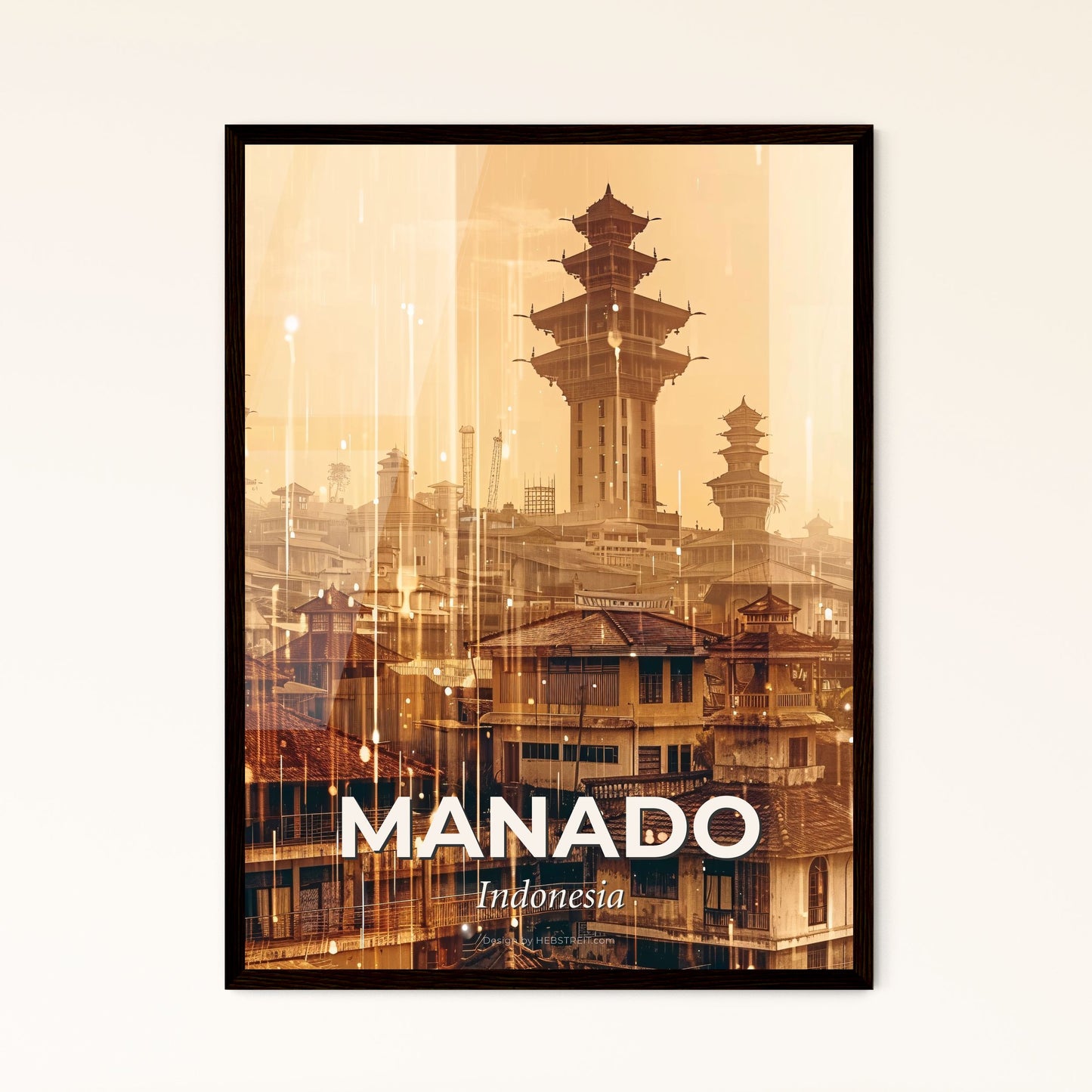 Manado Skyline Double Exposure Art Deco Poster - A city with tall towers and roofs