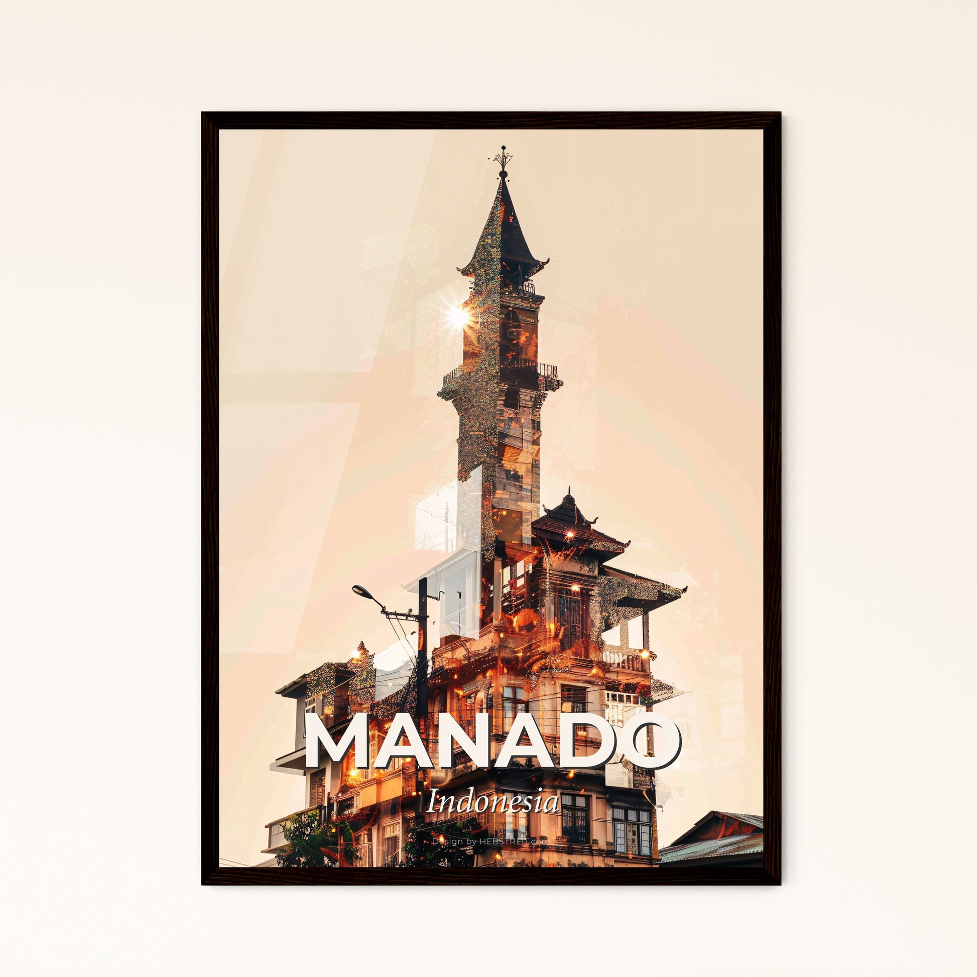 Manado Skyline Double Exposure Composite Poster Art - A tall building with a tower