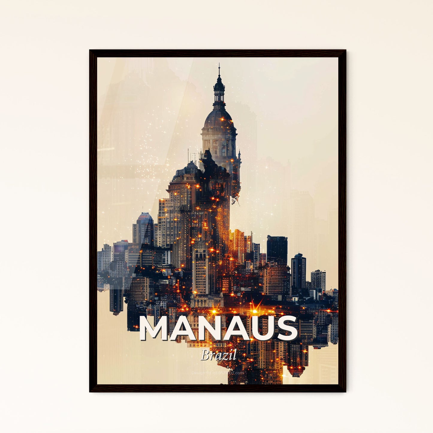 Manaus City Lights Poster Art - A city skyline with a tower and a building