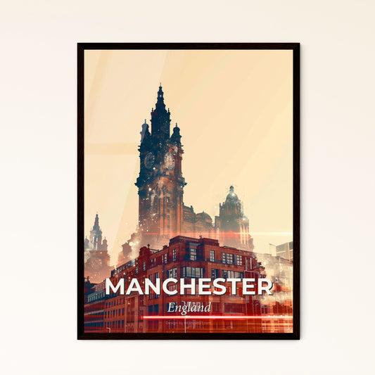 Manchester Skyline Double Exposure Art Print - A double exposure of a large building with a clock tower