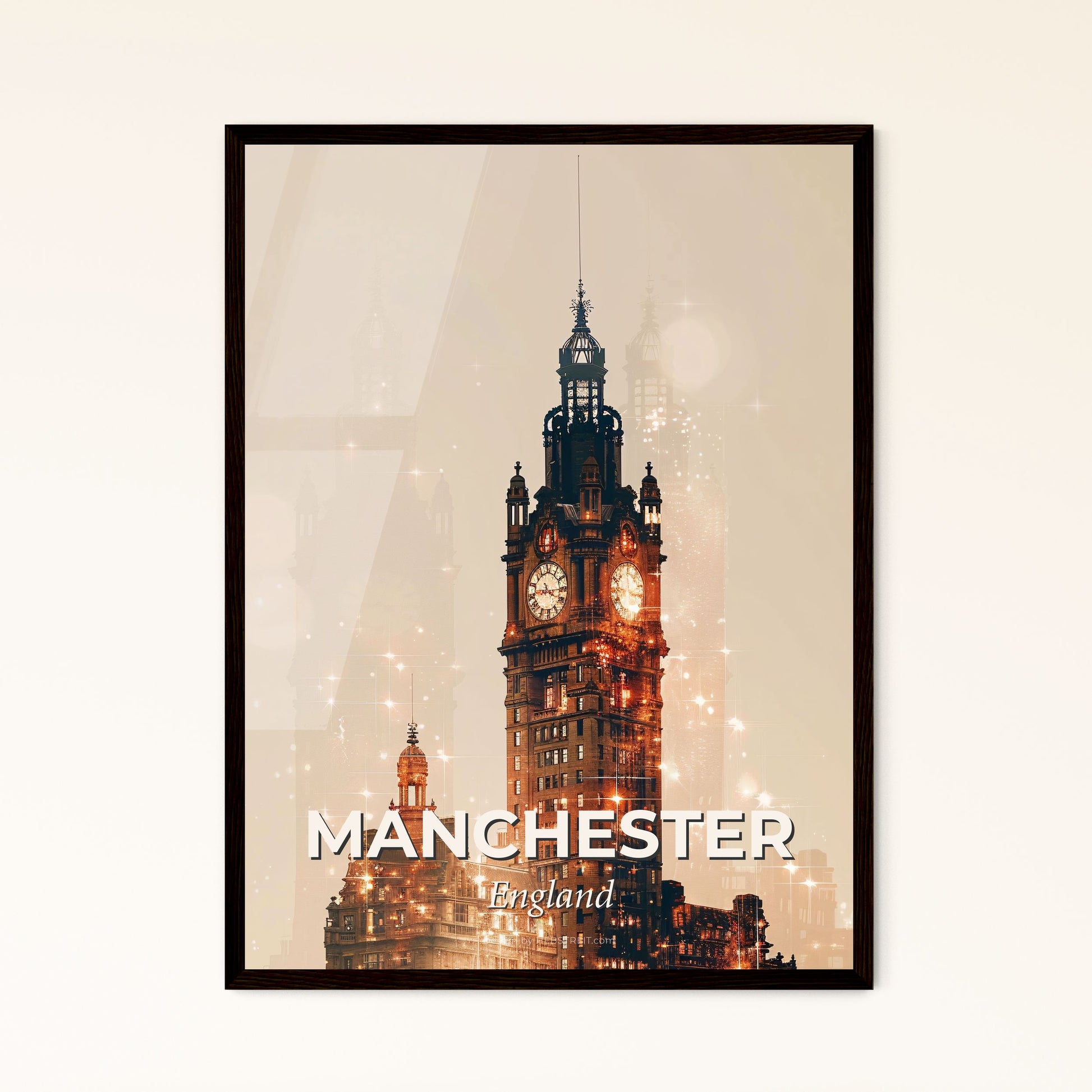 Manchester City Skyline Double Exposure Art - A clock tower with a city skyline in the background