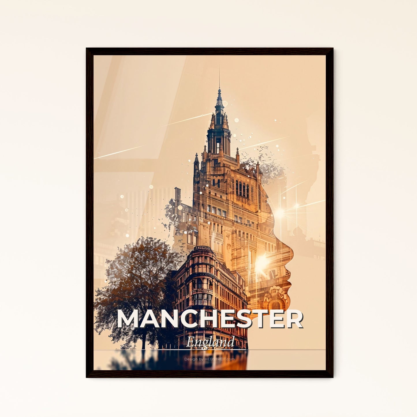 Manchester Skyline: Cityscape Sparkles - A double exposure of a person's face and a building