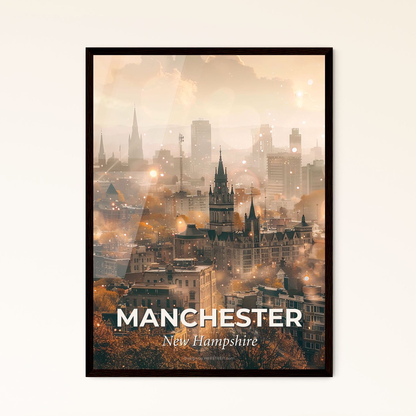 Manchester City Skyline Sparkle Poster - A city with many tall buildings and trees