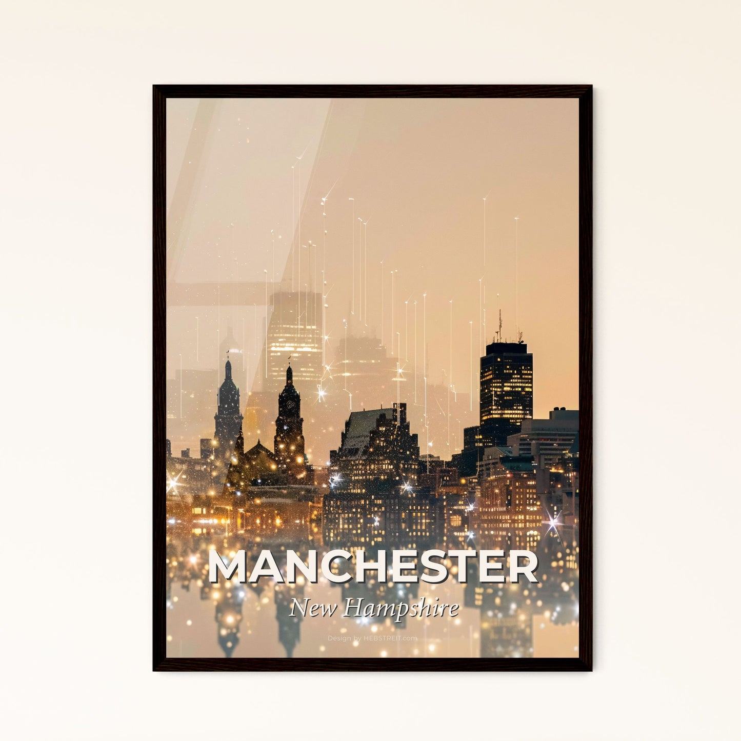 Manchester Symphony: City Skyline & Architectural Icons on Beige - A city skyline with lights and stars