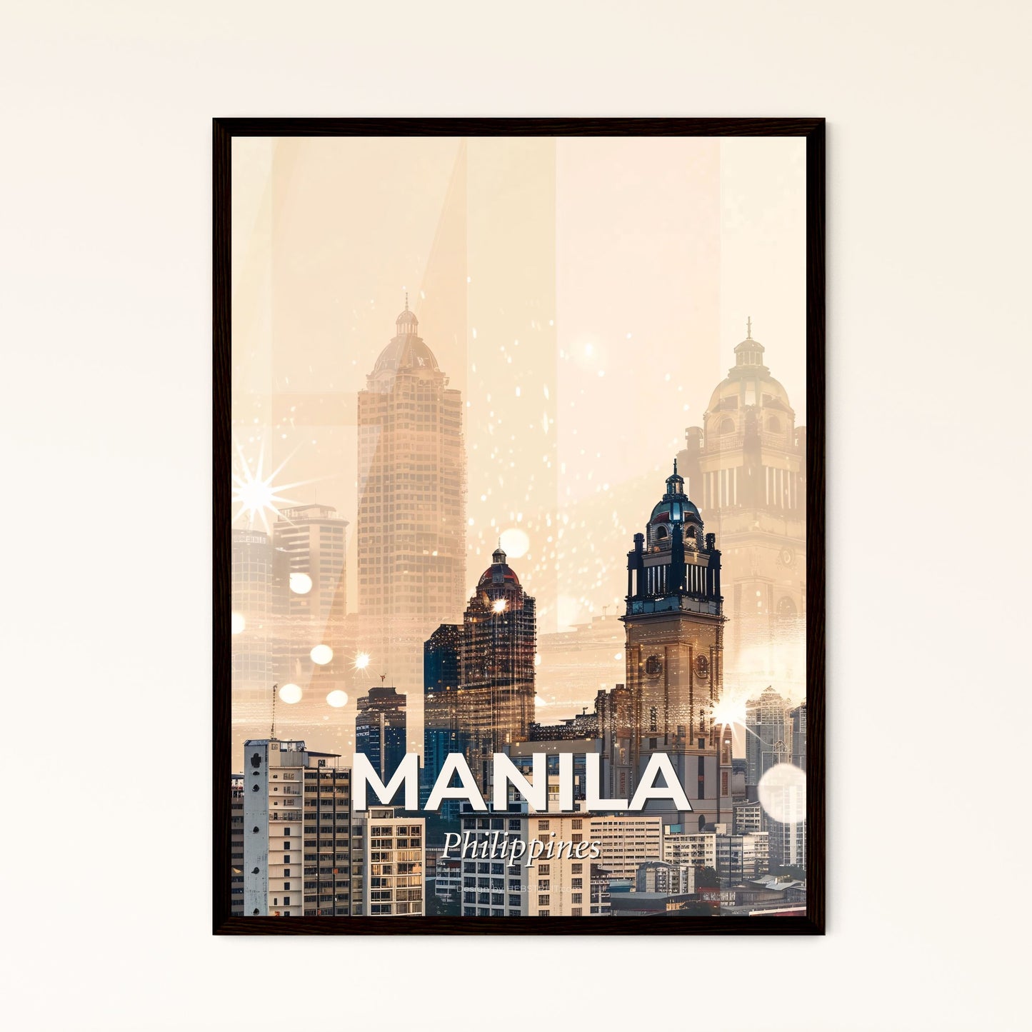 Manila Skyline Double Exposure Composite Art Poster - A city skyline with many tall buildings