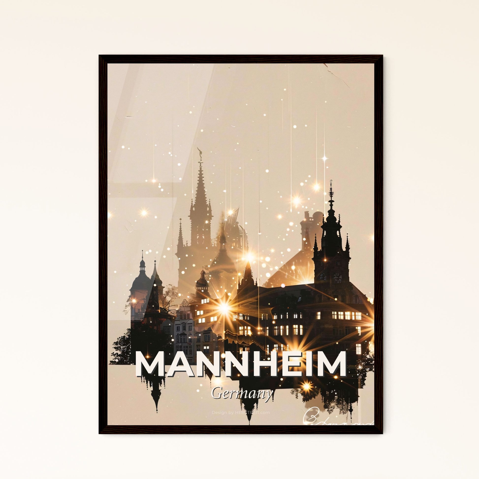 Mannheim Skyline Composite Art with Beige and Sparkle - A silhouette of a building with many lights