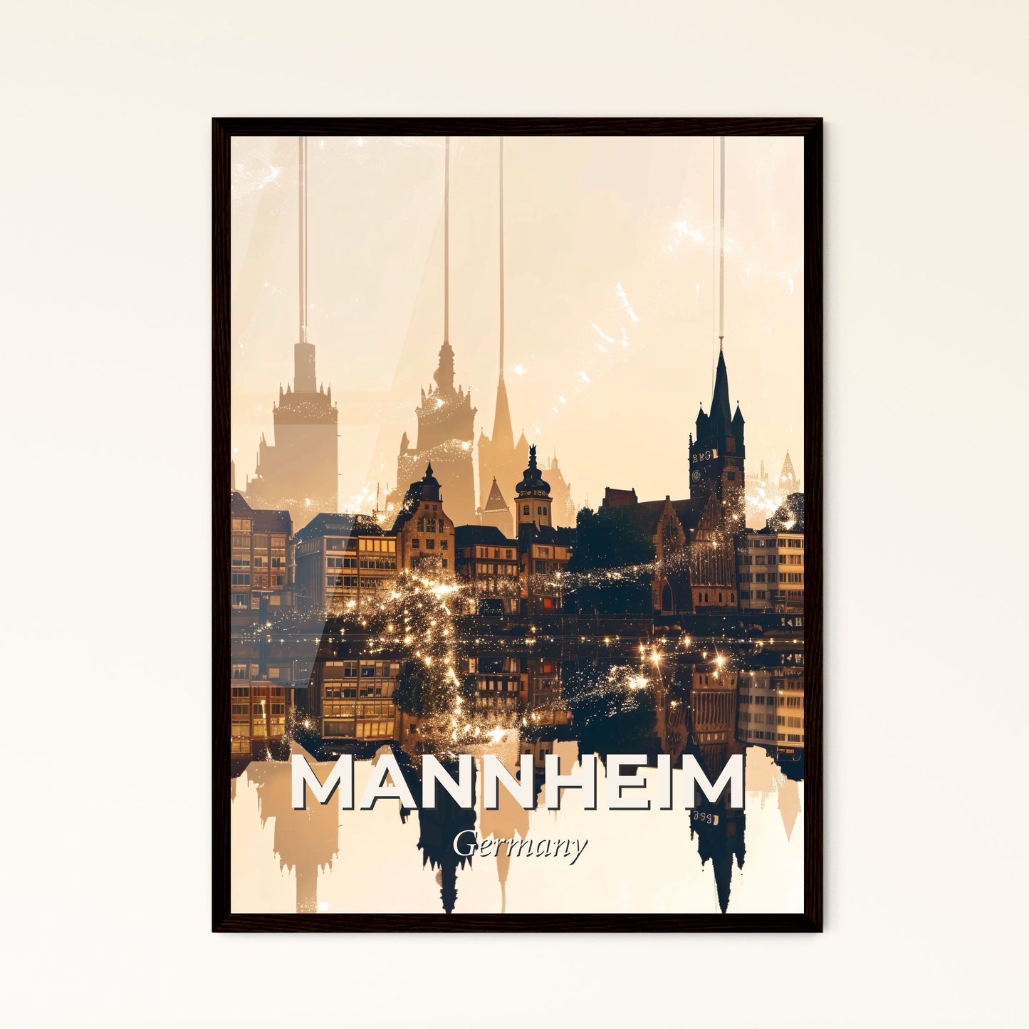 Mannheim Skyline Double Exposure Cityscape Art Poster - A city with many towers and lights reflecting in water