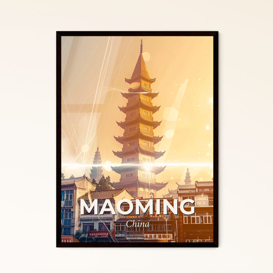 Maoming Skyline Icon Composite Art Poster - A tall pagoda tower with many buildings and lights