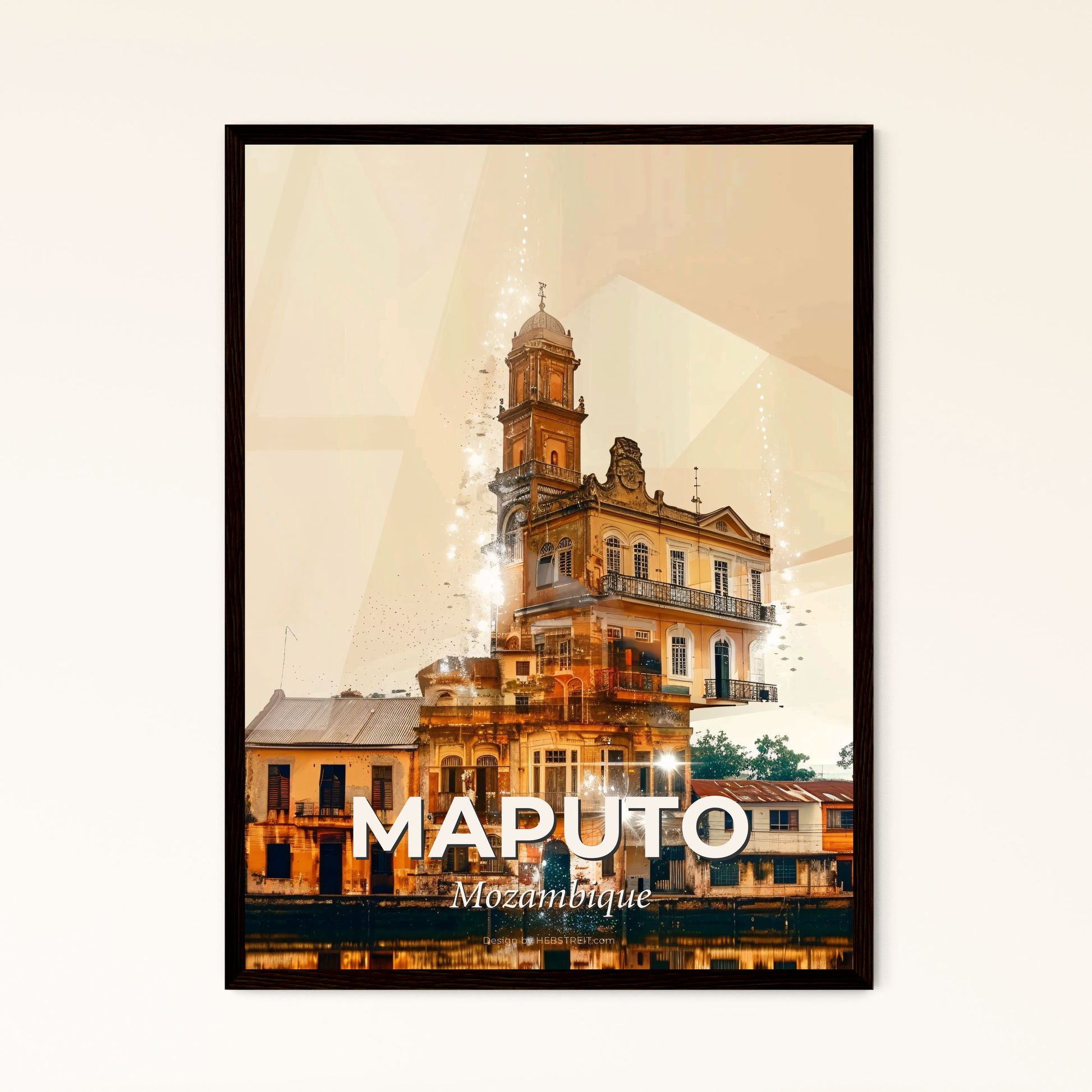 Maputo City Skyline Double Exposure Print - A building with a tower