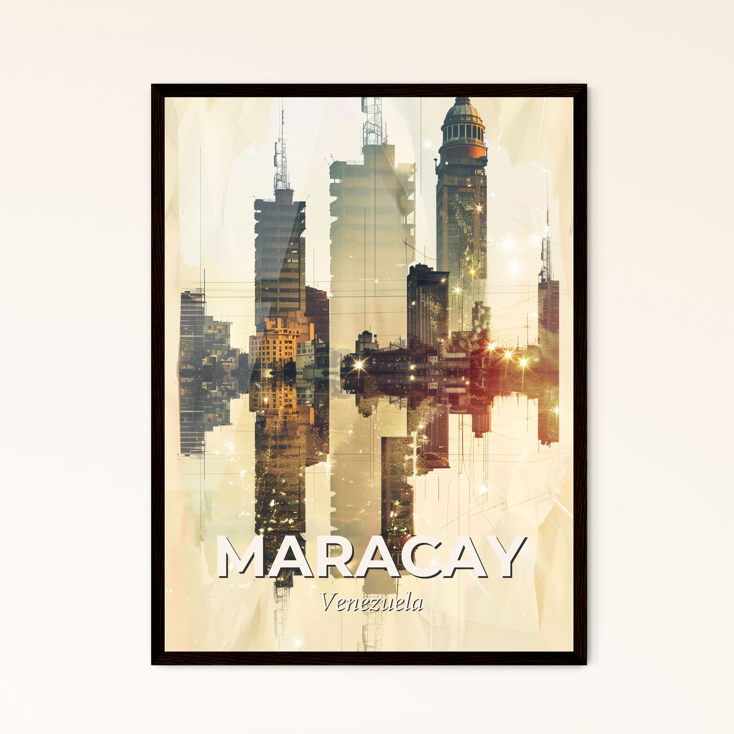 Maracay Skyline Double Exposure Art Cityscape - A city skyline with many tall buildings reflected in water