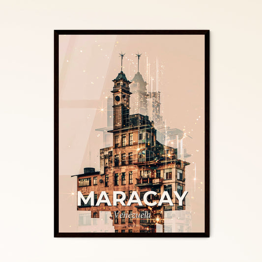 Maracay Skyline Double Exposure Cityscape - A building with a clock tower