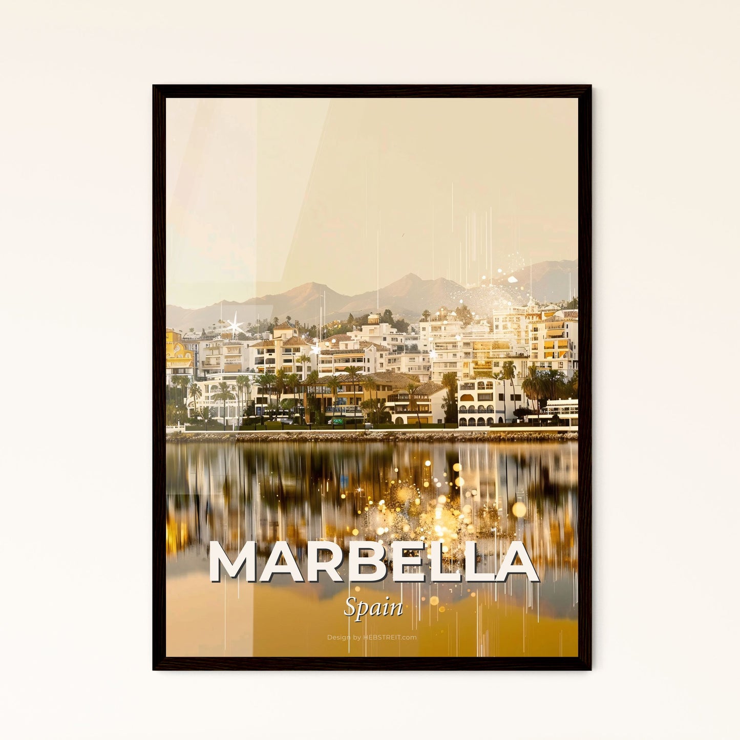 Marbella City Skyline Art Deco Poster - A body of water with buildings and mountains in the background