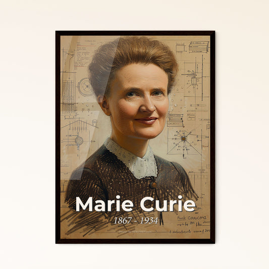 Radiant Legacy: Marie Curie Portrait - Contemporary Art Print Celebrating a Pioneer in Science & Feminine Grace on Beige Canvas