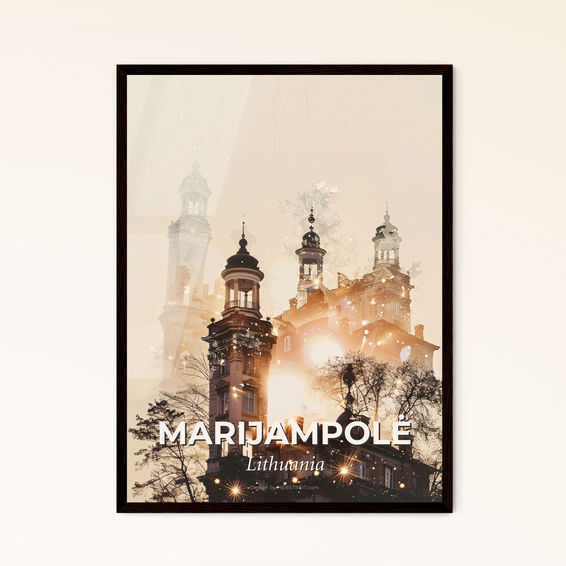 Marijampolė Dreamy Night Skyline Poster - A building with towers and lights