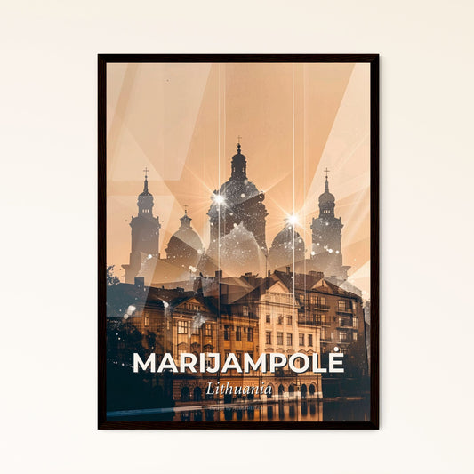 Marijampolė City Double Exposure Skyline Poster - A building with many towers and a light beam