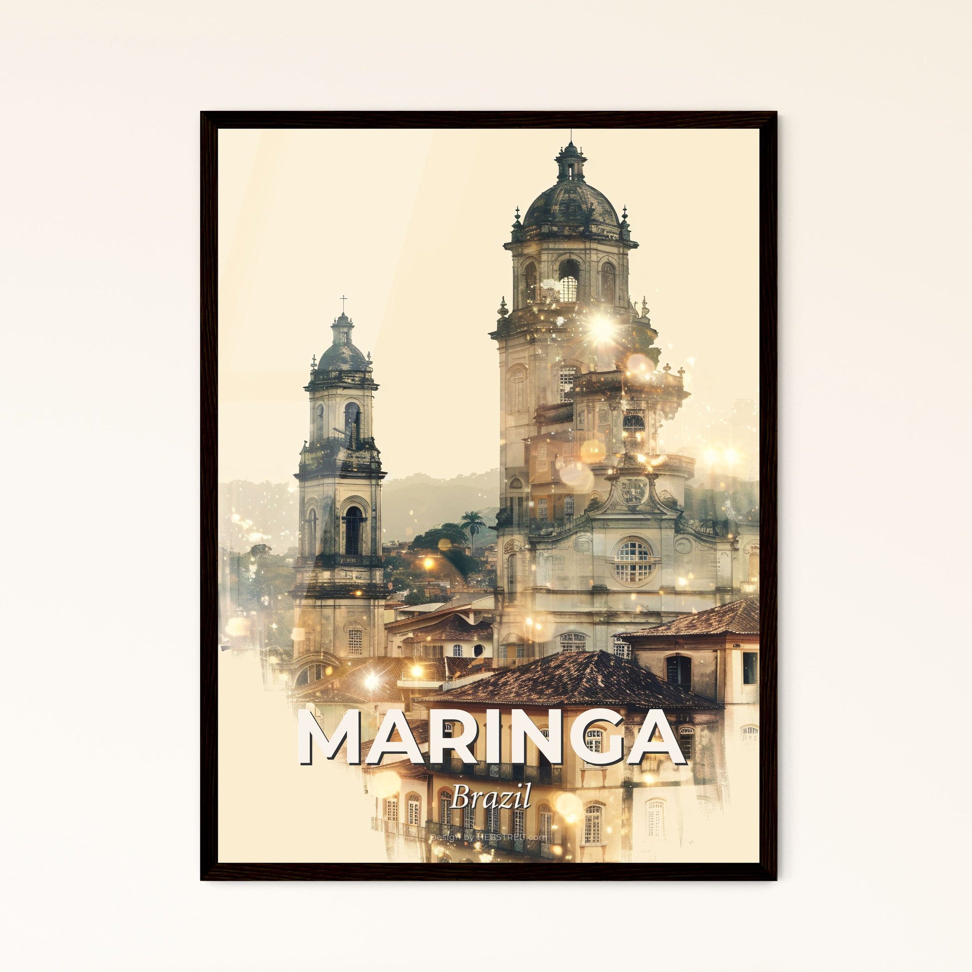 Maringa: Double Exposure Skyline Composite Art Poster - A group of buildings with a tower