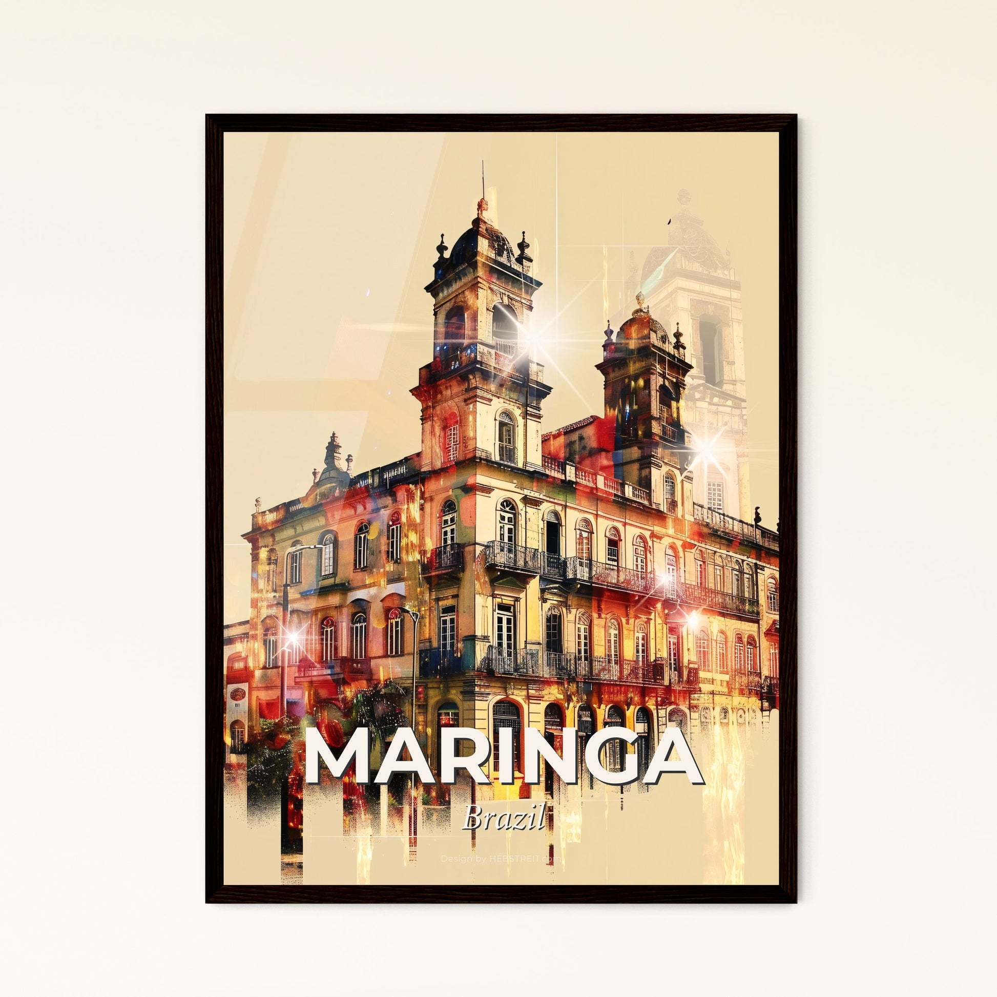 Maringa: City Icon Art Skyline Poster - A building with a tower and a crowd of people