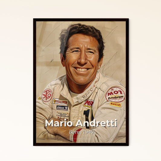 Dynamic Art Portrait of Mario Andretti: Celebrating Racing Legends on Premium Beige Background - Perfect for Home Decor & Gifts