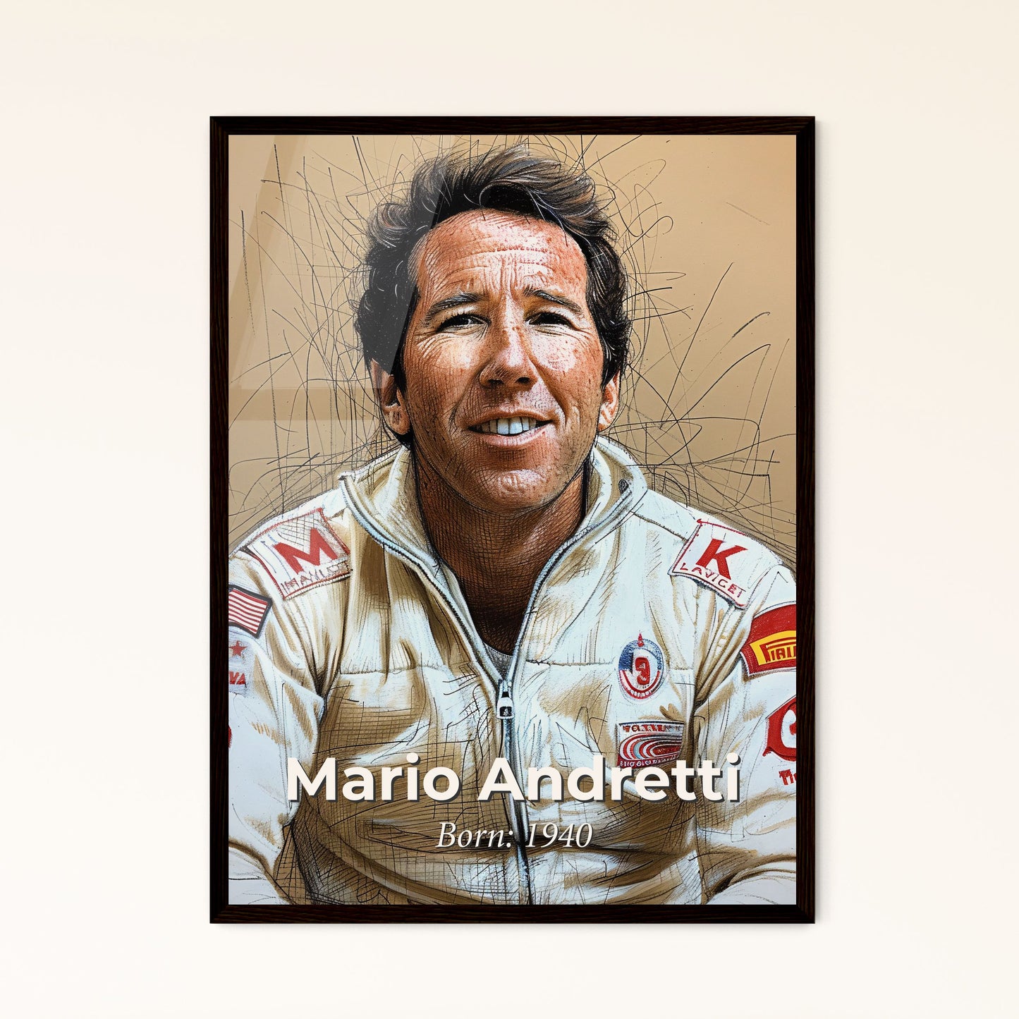 Dynamic Portrait of Mario Andretti: Celebrating a Racing Legend in Contemporary Art - Perfect for Home Decor & Unique Gifts!