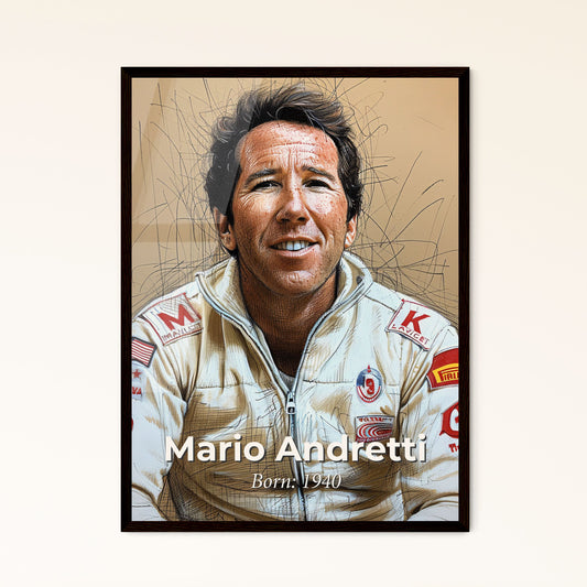 Dynamic Portrait of Mario Andretti: Celebrating a Racing Legend in Contemporary Art - Perfect for Home Decor & Unique Gifts!