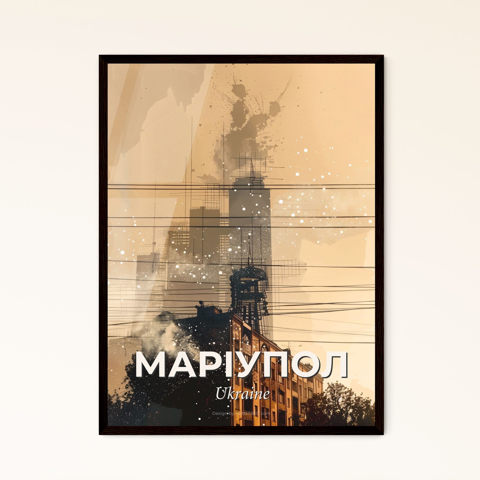 Mariupol Skyline Double Exposure Composite Art Poster - A city skyline with power lines and smoke coming out of the building