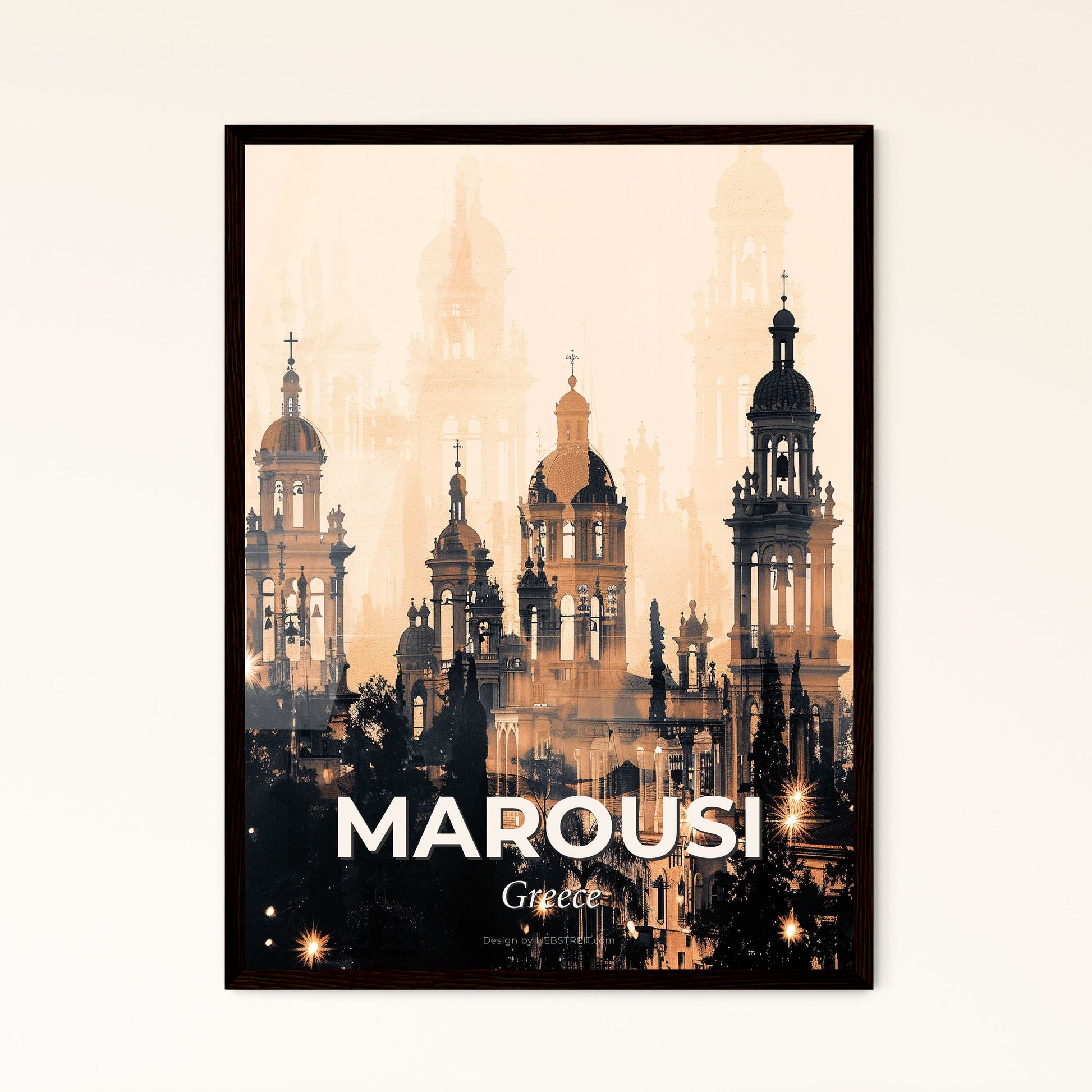 Marousi City Skyline Double Exposure Poster - A large building with towers and crosses