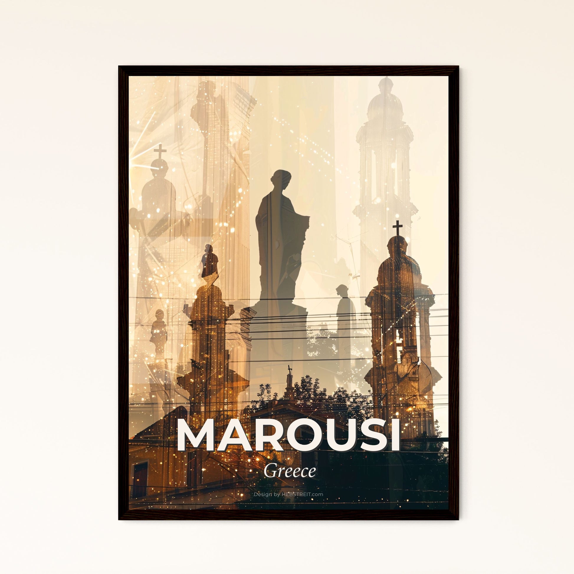 Marousi Skyline Double Exposure Poster Art - A double exposure of a statue