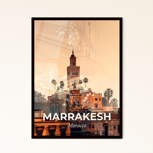 Marrakesh Skyline Double Exposure Sunset - A city with a tower and palm trees