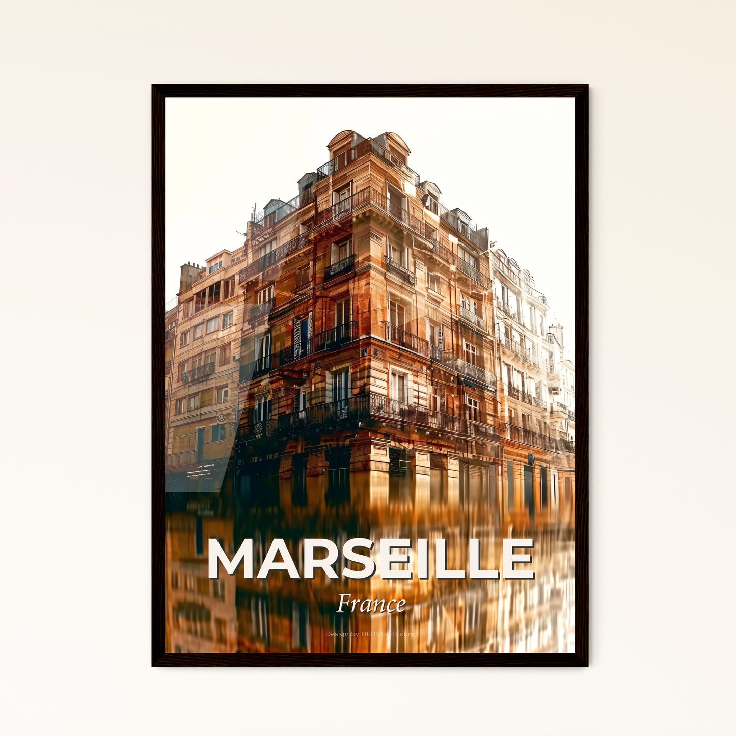 Marseille France Skyline Double Exposure Poster Design - A building with a reflection of the water